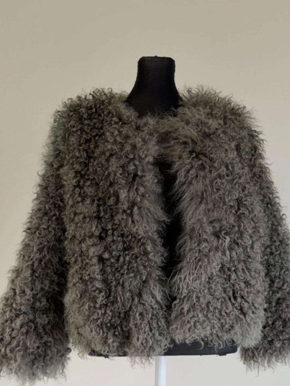 Maje Mongolian Lamb Fur Jacket Gray Curly Designer - Size 1